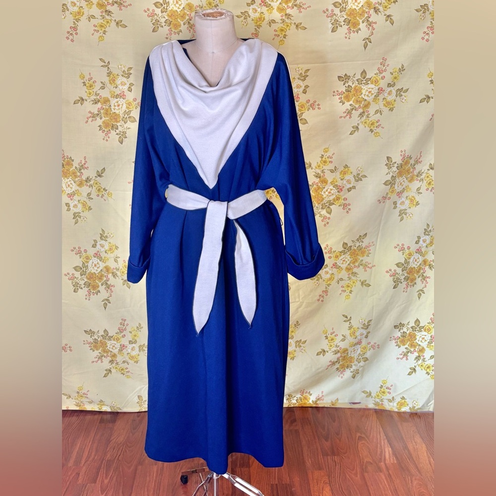 Vintage 80s Leslie Fay Blue Cream Drape Long Sleeve Belted Midi Dress L/XL 16